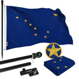 UD_G128 Combo Pack: 5 Ft Tangle Free Spinning Flagpole (Black) & Alaska Flag 2x3 Ft Embroidered 220GSM Spun Polyester, Brass Gro