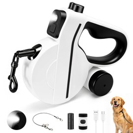 Retractable Dog Leash with LED Light & Reflective Tape for Night Walk, 16ft Dog Leash with Poop Bag Dispenser, Chew-Proof Steel Cable, One-Button Brake & Lock for Medium Dogs up to 66 lbs (BLK&WHT)