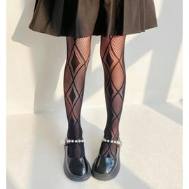 VINICUNCA Girls Fishnet Stockings for Princess Dress High Waist Mesh Tights Cute Pattern Knit Socks (US, Alpha, Medium, Black-Rhombic)