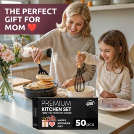 Kaluns 50 PCS Silicone Kitchen Utensils Set Complete Kitchen Set - 800°F Heat Resistant Non-Stick Premium Cooking Utensils W Wooden Handles - Can Opener, Masher, Turner, Silicone Spatula Set