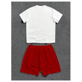 GORGLITTER Men's 2 Piece Cross Letter Graphic Tracksuit Short Sleeve Tee Top Drawstring Shorts Sets Red and White X-Large
