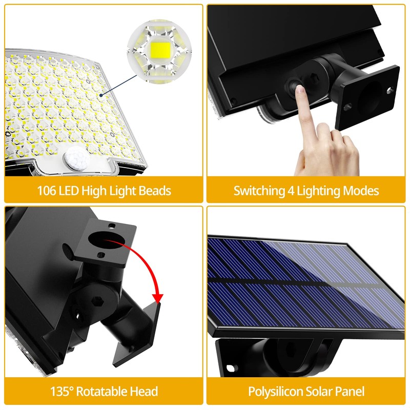 Solar Lights Outdoor, 106 LED 3000LM Solar Powered Motion Sensor