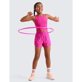 CRZ YOGA Girls Athletic Shorts with Zipper Pocket Lightweight Running Shorts for Teen Girls Kids Liner Hibiscus Purple Large