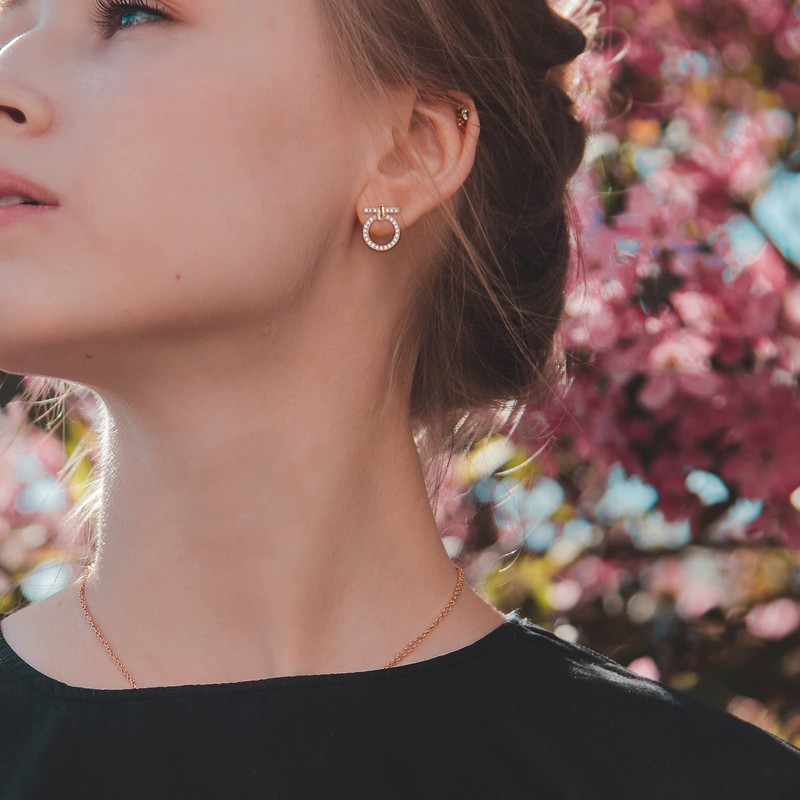 Rose Gold Circle Cubic Zirconia Stud Earrings for Women