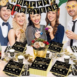 100 Pcs Happy New Year Napkins Black and Gold Napkins New Year Cocktail Napkins for New Year Eve Party Favors New Year 2025 Party Table Decoration