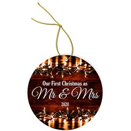 Our First Christmas as Mr & Mrs 2020 - Fairy Lights Wood Backdrop Design Round Car Interior Rearview Mirror Hanging Decor - Christmas Tree Ornament