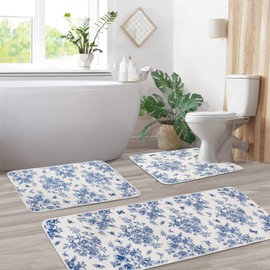 BBSET 3 Piece Blue Floral Chinoiserie Bath Mats for Bathroom Blue and White Flower Vintage Rug for Room Decor U Shaped Toilet Rug (Blue Floral, 16x28+16x47+U Shape 20x24 inch)