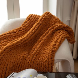 WESHIONGOO Chunky Knit Blanket Throw Knitted Throw Blankets for Couch Bed Fall Throw Blanket Fluffy Soft Blanket with Jumbo Chenille Yarn Thick 100% Handmade (Burnt Orange, 40"×40")