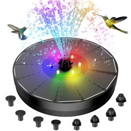 AMIAEDU - Fuente solar, bomba de agua alimentada de 4 W para baño de pájaros con luces LED, 7 boquillas y fijador de colibríes, jardín, estanque, piscina, pecera, color negro
