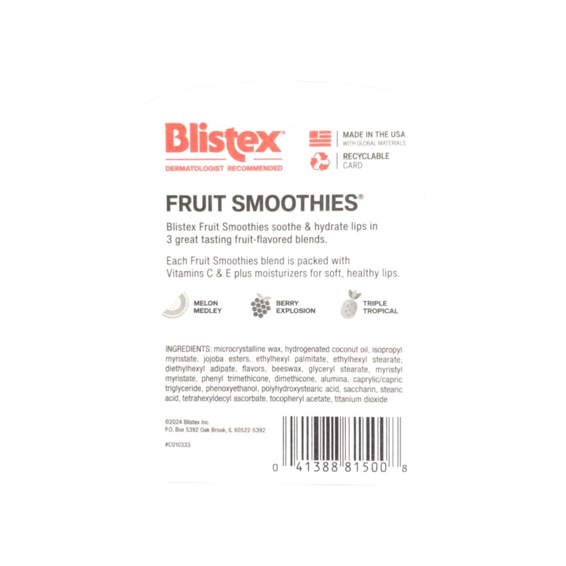 Blistex Fruit Smoothies Lip Moisturizers 3 Sticks 0.10 oz each