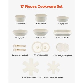 White 17-Piece Nonstick Cookware Set with Detachable Handle Space-Saving Induction for Kitchen & RV CookingQuantity of Cookware: 6, color: White-Detachable Handle Color