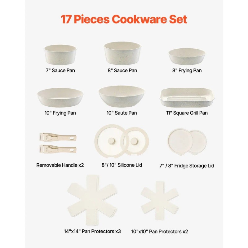 White 17-Piece Nonstick Cookware Set with Detachable Handle Space-Saving Induction
