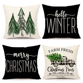 4TH Emotion Gray Black Christmas Pillow Covers 18x18 Set of 4 Farmhouse Xmas Decorations Merry Christmas Tree Truck Hello Winter Holiday Decor Throw Cushion Case for Home Couch S24C21