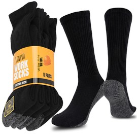LOVEVO Big Foot Work Socks for Men Heavy Duty Performance Cushioned Reinforced Heel-Toe Crew Calf Sports Hiking Cotton Rich Socks 11-14 (Black & Grey, 5 Pair)