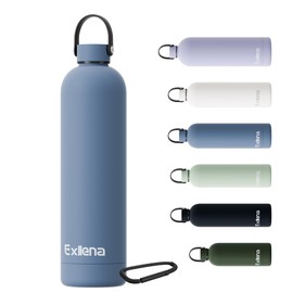 Exllena Insulated Black Water Bottles 1L with Handle Lid and Clip, Double Wall Vacuum Water Bottle Keeps Drinks Cold for 24 Hours/Hot for 12 Hours, Stainless Steel Water Bottle, BPA Free (Whale