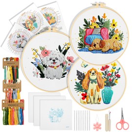 EEEKit Embroidery Kit, DIY Needlepoint Art Work with Dog Flower Patterns, Cross Stitch Kits for Adult Beginner DIY Lover