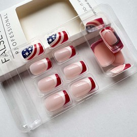 ONPRESS 24Pcs 4th of July Fake Nails Short Square Press on Nails Red White Glossy French Tip Independence Day False Nails Glitter American Flag Glue on Nails Stick on Nails for Women DIY Manicure