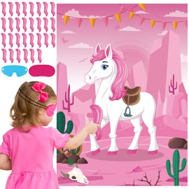 Eaezerav Pin The Tail On The Horse Game for Kids Pink Cowgirl Western Birthday Party Decorations Western Party Supplies Large Horse Game Poster with 30 Tail Stickers