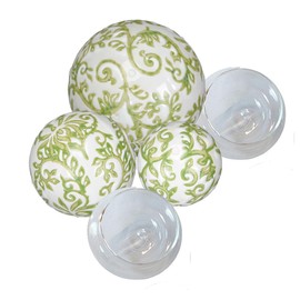 Storm's Gartenzaubereien Decorative Ball Ceramic Swimming Ball with Green Tendril Pattern in 3 Sizes with 2 Tea Light Glasses Floating as Teick Decoration