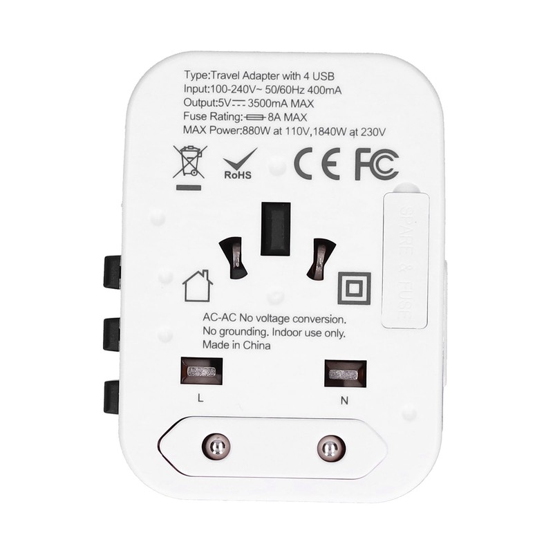 International Power Adapter Travel Plug with 4 USB Ports for