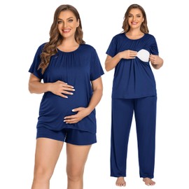 SWOMOG Women 3Pcs Maternity Pajama Set Nursing Pjs Pregnancy Set Breastfeeding Pjs Double Layer with Pockets Navy Blue Medium