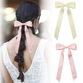 Silky Satin Hair Bows 2 Pieces Hair Clip Red Hair Band Ponytail Holder Accessories Hair Clips Metal Clips Hair Bow for Women Girls Toddlers Teens (Pink/Beige)