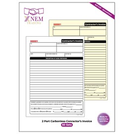 XNEM Trading 2-Part Carbonless Contractor's Invoice Book, 50 Sets, Pre-Numbered, Quality Paper, 7.8 x 10.8 Inches