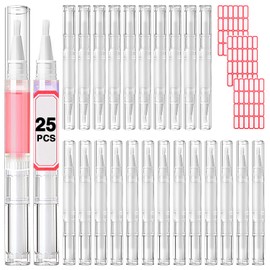 DupakSYS Nail Oil Pen 25Pcs 3ml Empty Transparent Twist Pens Cuticle Oil Pen with Brush Tip for Nail Oil, Liquid Foundation, Eyelash Growth Liquid Tube, Empty Cuticle Oil Dispenser + 48pcs Label