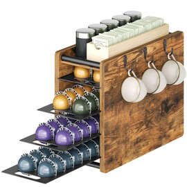 YATINEY Coffee Pod Drawer Holder, 72 Pods Large Capacity, 4 Tier Holder for Vertuo, Coffee Pod Organizer for Countertop, Storage Rack for Nespresso Vertuo Pods, Space Saving, Rustic Brown KH06BR