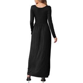 EUOVMY Maxi Dress for Women Black Large Round Neck Long Sleeve Wedding Guest A-line Plain Casual Loose Empire Waist Flowy Party Funeral Beach Vacation Spring Summer Sun Dresses with Pockets