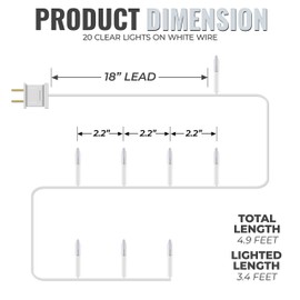 612 Vermont Clear 20 Count Christmas String Lights on White Wire Cord, UL Approved for Indoor Use Only, Total Length 4.9 Foot, Lighted Length 3.4 Foot