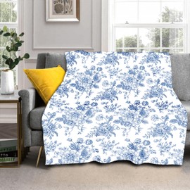 Blue Floral Blanket 60"x50" Blue and White Vintage Flower Pattern Design Print Throw Blanket Lightweight Warm Soft Blanket Farmhouse Seasonal Decor for Home Living Room Sofa Couch Bed