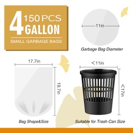 150 Count Small Garbage Bags 15 Litres/4 Gallon Strong Bathroom Clear Trash Bags Unscented White Garbage Can Liners