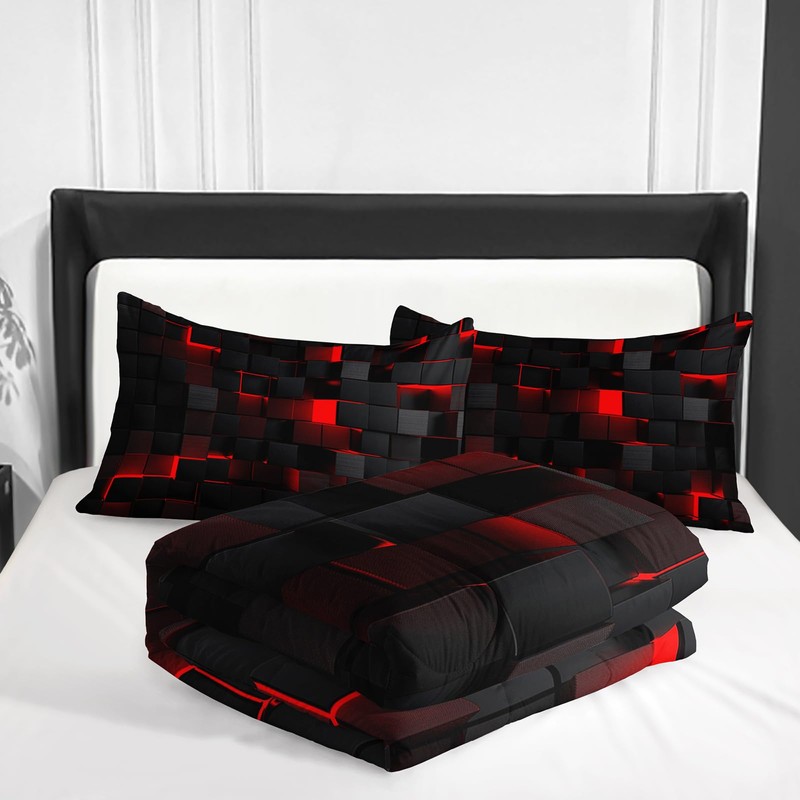 Nttopship Neon Red Black Comforter Set Full Geometric Kids Bedding