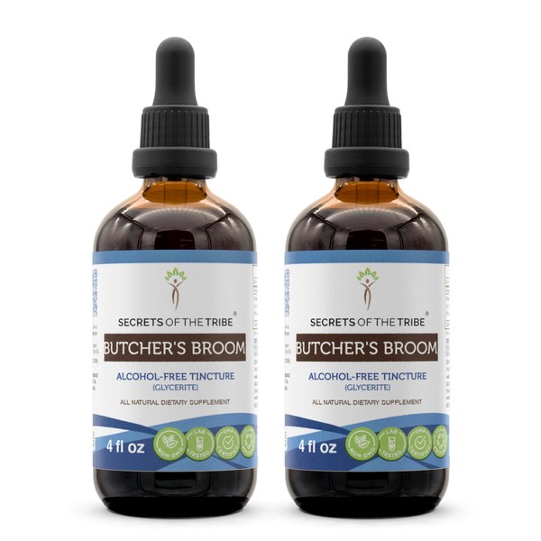 Secrets of the Tribe Butcher's Broom Alcohol-Free Tincture Extract, Butcher's Broom (Ruscus aculeatus) Dried Root (2x4 fl oz)