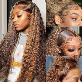 Lysilf Highlight Ombre Lace Front Wig Human Hair Wigs for Women 250% Density 13x6 Deep Wave HD Lace Frontal Wig Pre Plucked （#P4/27,22Inch）