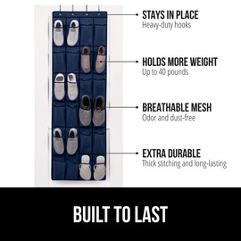 GORILLA GRIP Over the Door Shoe Organizer, 24 Large Breathable Mesh Pockets, Space Saving Hanging Storage Holder, Closet Rack Hanger Holds Up to 40 lbs, Hangs on Closets for Shoes, Accessories, Navy