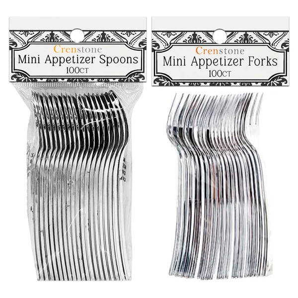 Crenstone Appetizer Forks Spoons and Forks Value Pack - 200 Silver Mini Spoons and Forks for Appetizers, disposable silver spoons