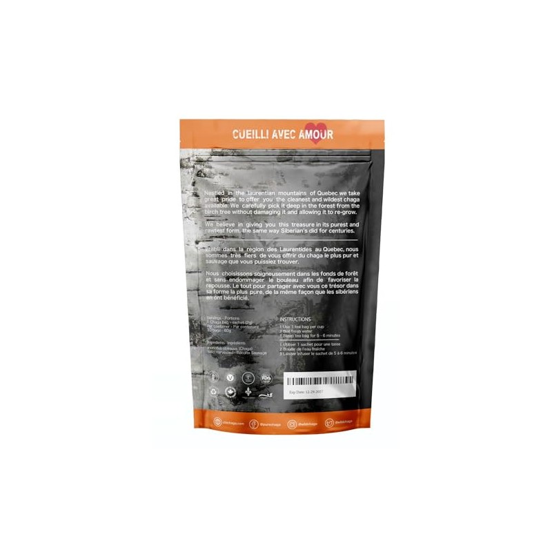 Premium Chaga Mushroom - 30 Tea Bags of 100% Wild