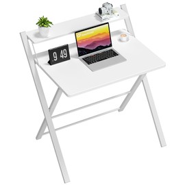 GreenForest Folding Desk No Assembly Required Large Size, 2-Tier Foldable Computer Desk with Shelf for Home Office, Space Saving Portable Laptop Study Foldable Table for Bedroom, White