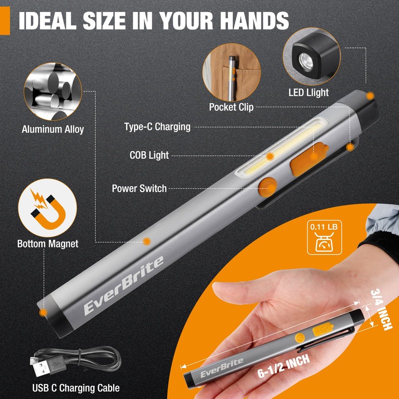 EverBrite Pen Flashlight, Rechargeable LED Pen Light, COB Light with