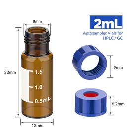 Membrane Solutions 2mL Autosampler Vials, Membrane Solutions HPLC Vials, Amber Vials with Write-on Spot and Graduations, 9mm Blue ABS Screw Caps & Septa for GC Sample Vials, 500 Pcs