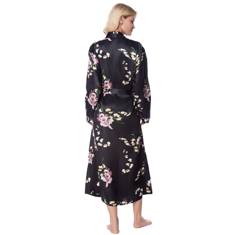 Lavenderi Women's Long Classic Satin Kimono Lounge Bathrobe Robe(XL,Black AOP)