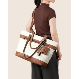 FADEON Quilted Tote Bag for Women Designer Laptop Tote Bag 15.6-Inch Large Laptop Purse Faux Leather Shoulder Handbag White