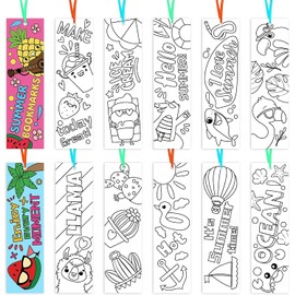 Haooryx DIY Summer Bookmarks Bulk - 75Pcs Kids' Color Your Own DIY Coloring Blank Bookmarks Summer Theme Book Marks for Teacher Student School Rewards Prizes Paper Art Craft Kit Party Gift Bag Fillers