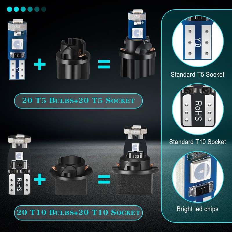 BBTO 40 Set T5 T10 LED Bulbs Dash Lights with
