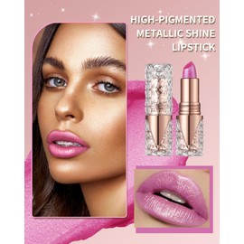 Metallic Glitter Pink Lipstick Long Lasting,Diamond Shimmer Liquid Lipstick Transfer Proof Non-Stick Nude Lip Gloss,High Pigmented Lip Color Creamy Lip Stick Makeup for Women-04