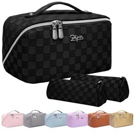 Makeup Bag Organizer Travel Cosmetic Bag: 3 Set Large Capacity Toiletry Bag for Women - Portable Make Up Bag with Divider & Handle Braid Silver
