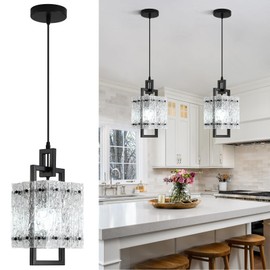 YUXINLUX Black Pendant Light Fixtures Modern Pendant Lights Kitchen Island Water Ripple Glass Square Pendant Light Adjustable Hanging Pendant Lighting for Kitchen Dining Room Over Island 1 Pack