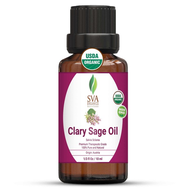 USDA Certified Organic Clary Sage Oil - 100% Pure Natural Premium by SVA Organics - Therapeutic Grade,Stress Relief Antioxidants, Tighten up Loose Skin (1/3 Oz)) Improved Digestion